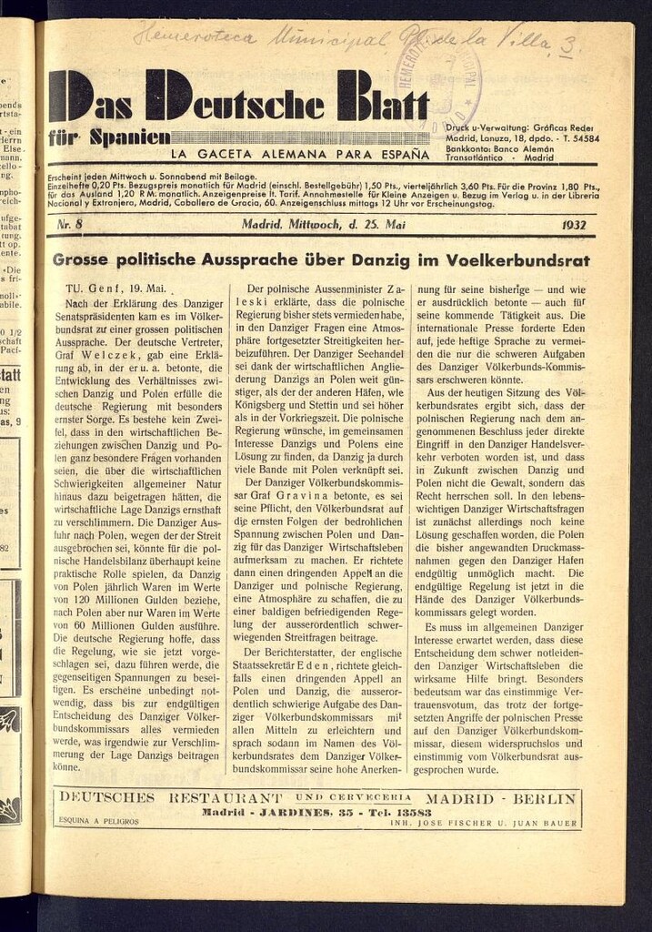Miniatura de Das Deutsche Blatt für Spanien: la gaceta alemana para España del 25 de mayo de 1932. Número 8