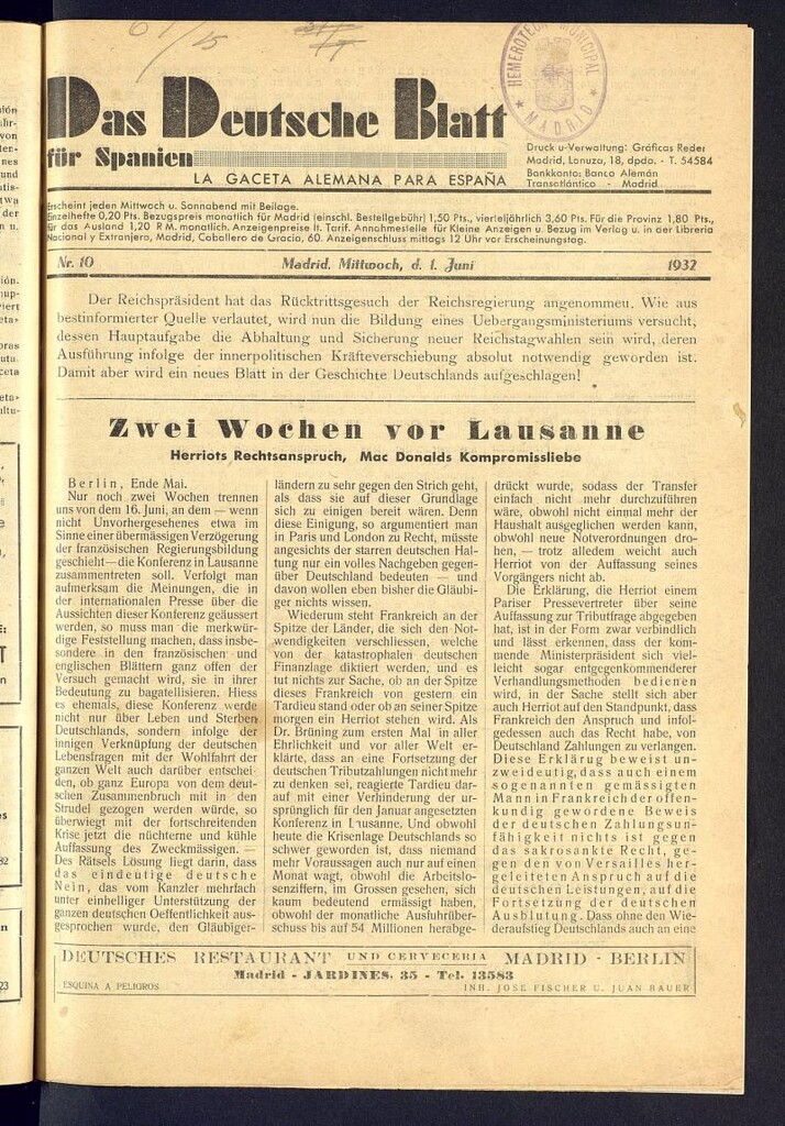 Miniatura de Das Deutsche Blatt für Spanien: la gaceta alemana para España del 1 de junio de 1932. Número 10