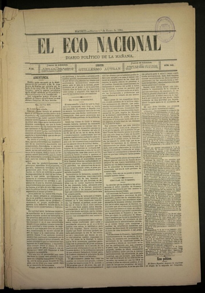 Miniatura de El Eco Nacional de 1 de enero de 1884, nº 548