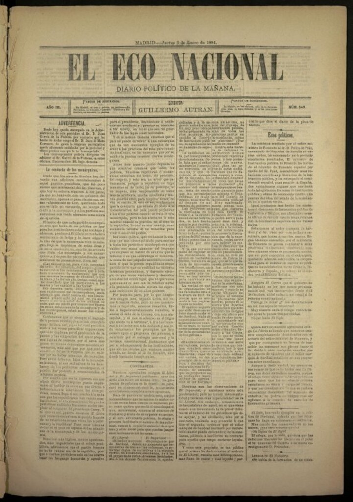 Miniatura de El Eco Nacional de 3 de enero de 1884, nº 549