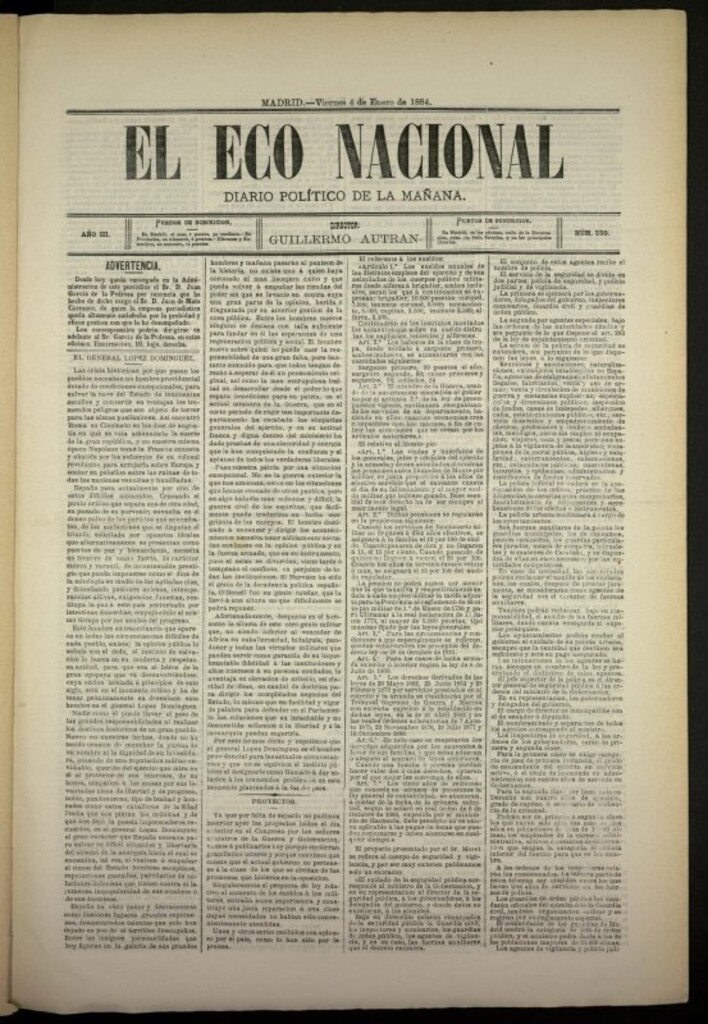 Miniatura de El Eco Nacional de 4 de enero de 1884, nº 550