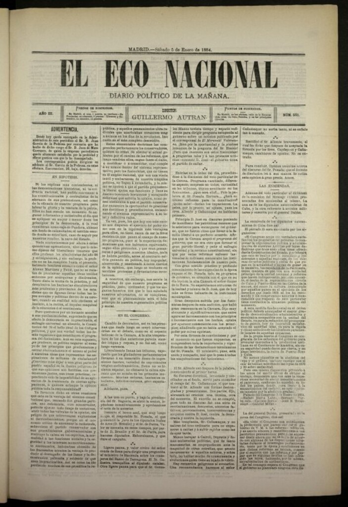 Miniatura de El Eco Nacional de 5 de enero de 1884, nº 551 [sic]