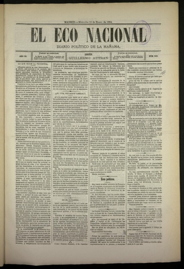 Miniatura de El Eco Nacional de 16 de enero de 1884, nº 560