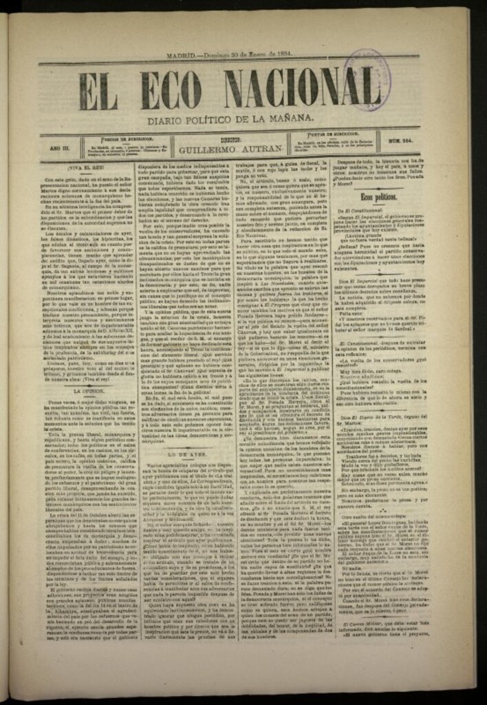 Miniatura de El Eco Nacional de 20 de enero de 1884, nº 564