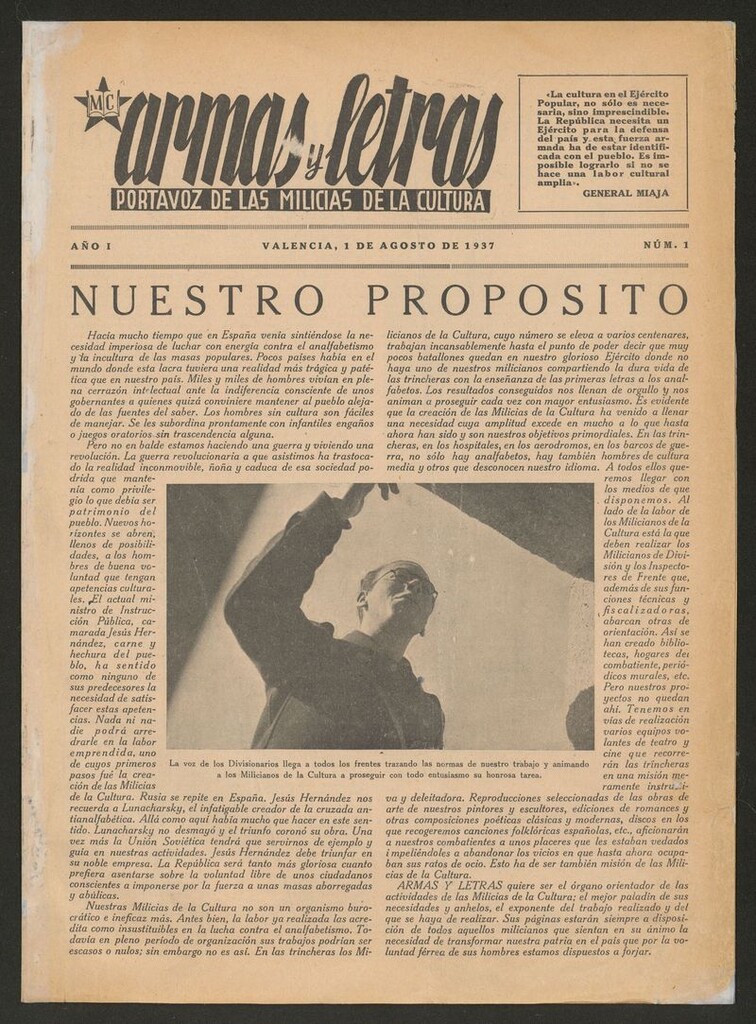 Miniatura de Armas y Letras: Portavoz de las Milicias de la Cultura del 1 de agosto de 1937