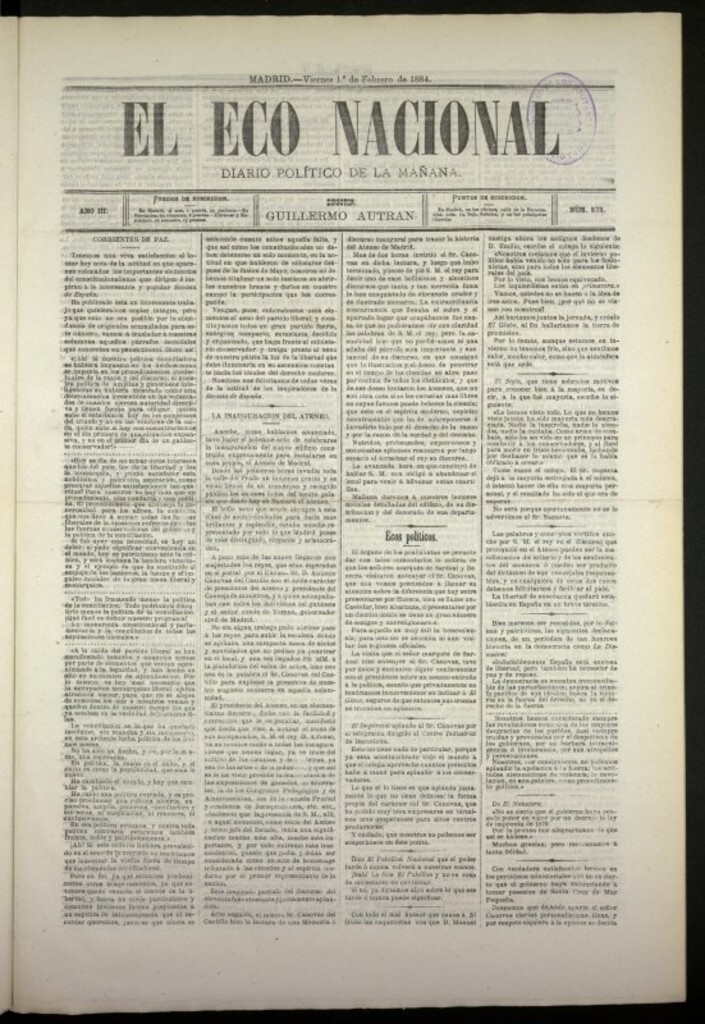 Miniatura de El Eco Nacional de 1 de febrero de 1884, nº 573