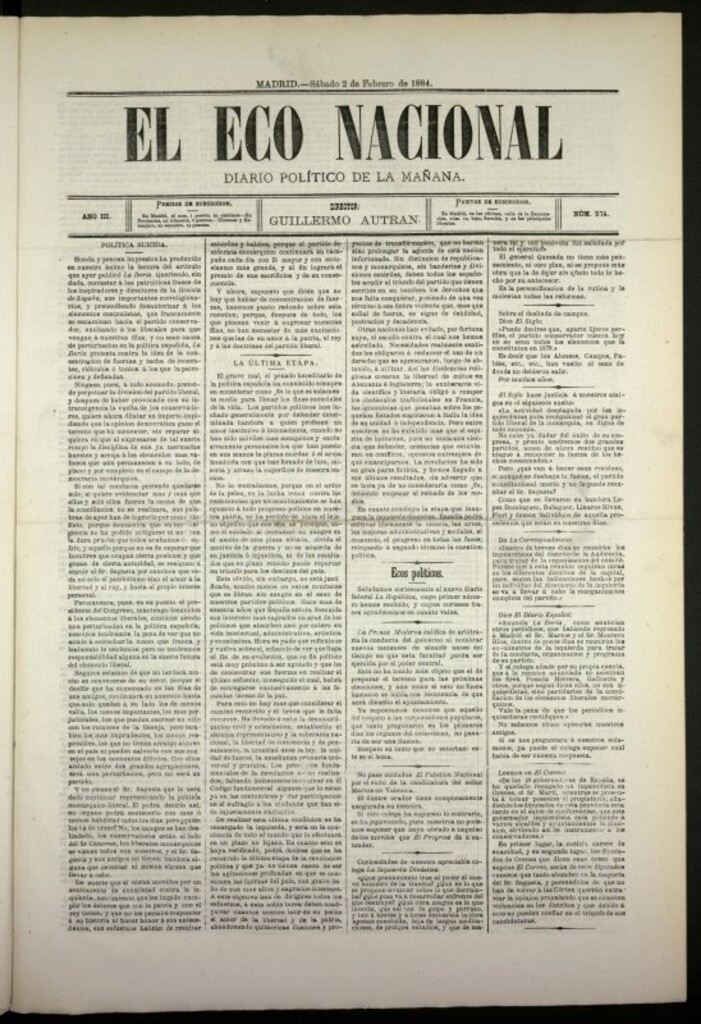 Miniatura de El Eco Nacional de 2 de febrero de 1884, nº 574