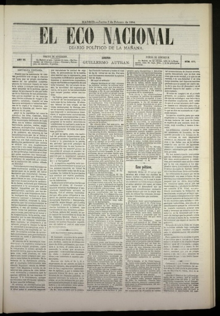 Miniatura de El Eco Nacional de 7 de febrero de 1884, nº 577