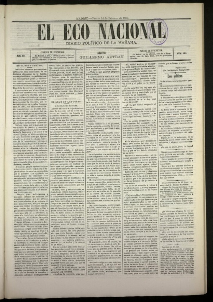 Miniatura de El Eco Nacional de 14 de febrero de 1884, nº 583