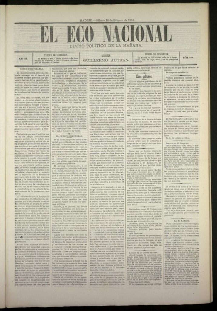 Miniatura de El Eco Nacional de 16 de febrero de 1884, nº 585