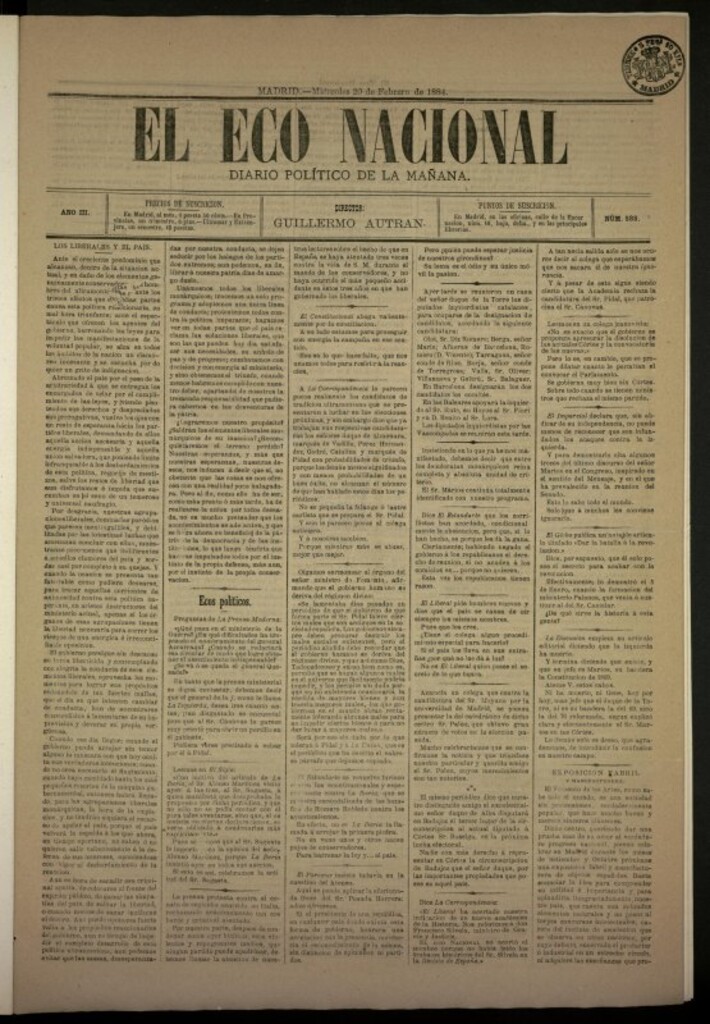 Miniatura de El Eco Nacional de 20 de febrero de 1884, nº 588