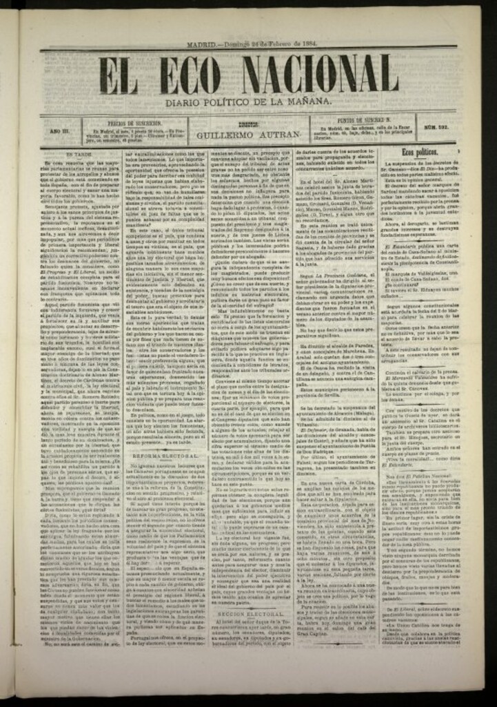 Miniatura de El Eco Nacional de 24 de febrero de 1884, nº 592