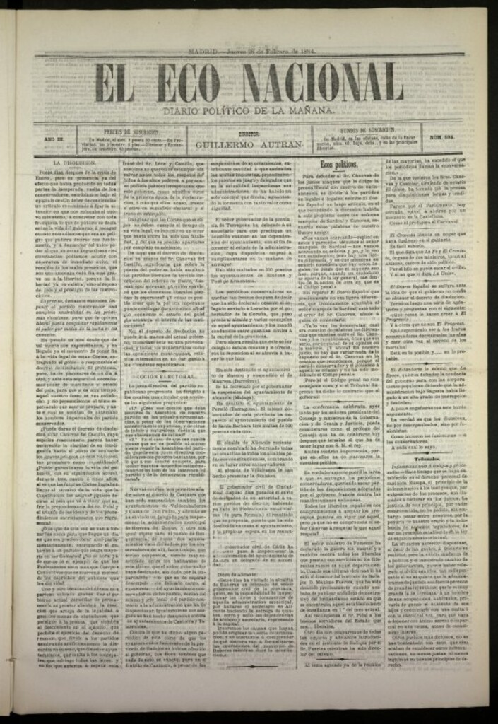 Miniatura de El Eco Nacional de 28 de febrero de 1884, nº 594