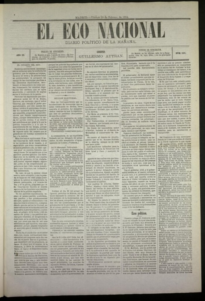 Miniatura de El Eco Nacional de 29 de febrero de 1884, nº 595