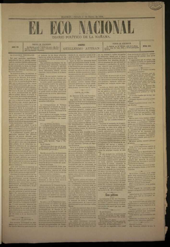 Miniatura de El Eco Nacional de 1 de marzo de 1884, nº 596
