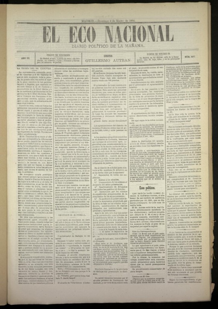Miniatura de El Eco Nacional de 2 de marzo de 1884, nº 597