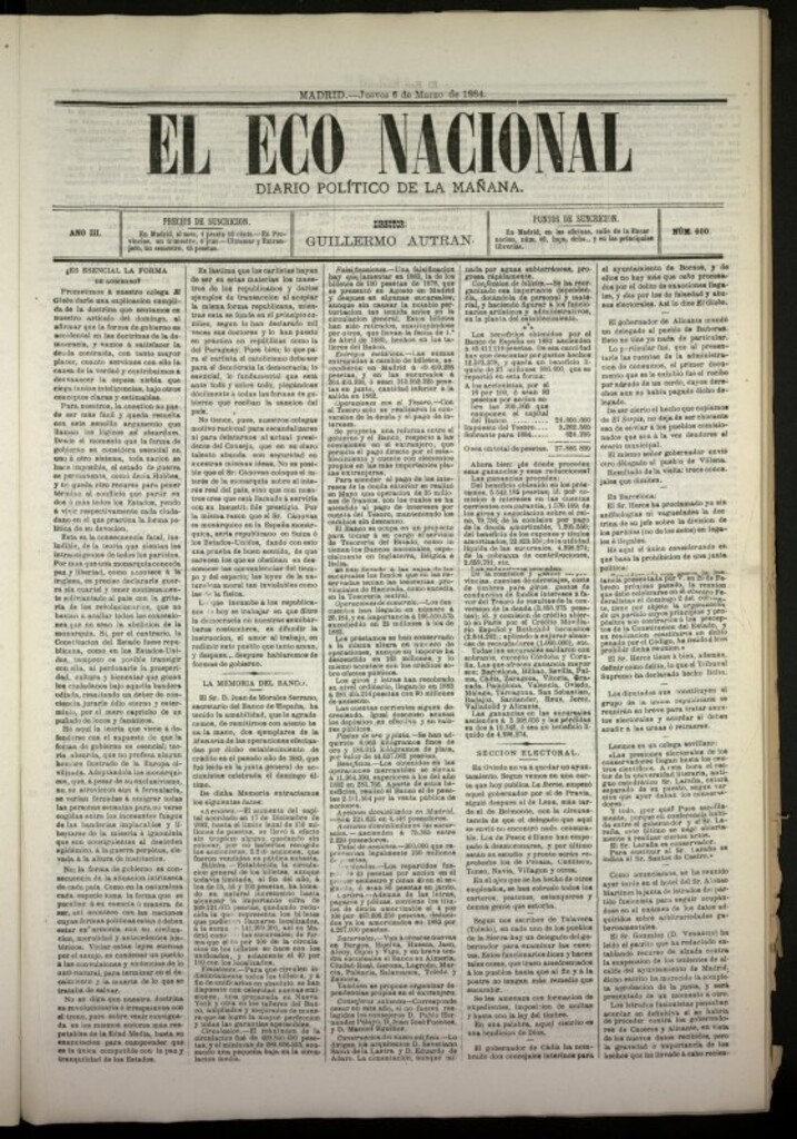 Miniatura de El Eco Nacional de 6 de marzo de 1884, nº 600