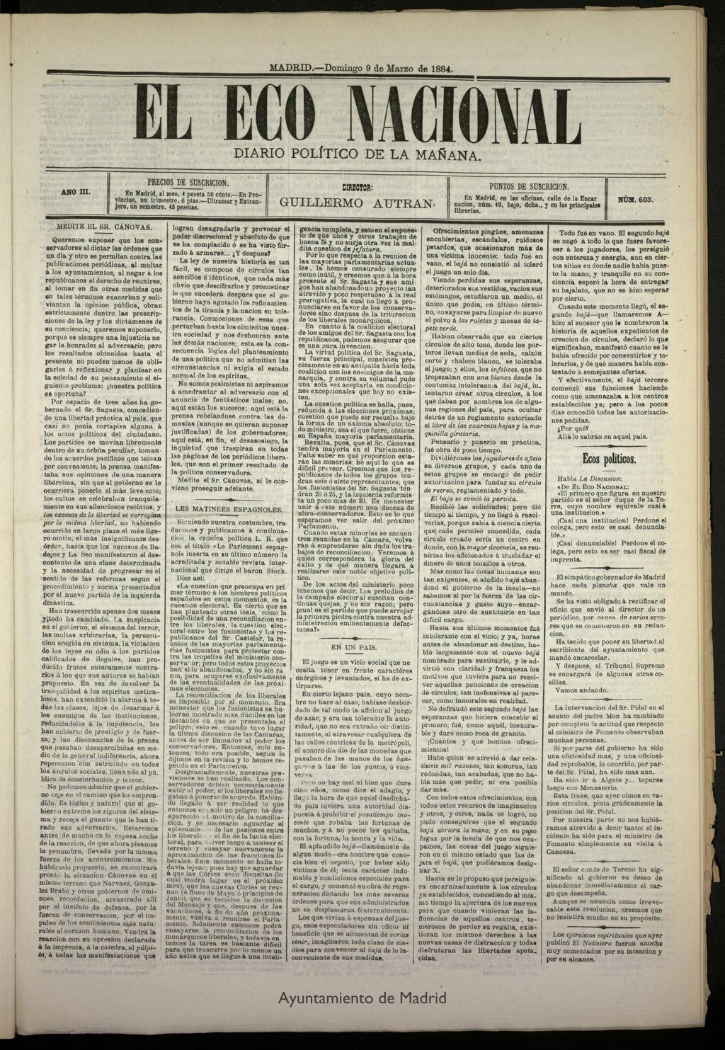 Miniatura de El Eco Nacional de 9 de marzo de 1884, nº 603
