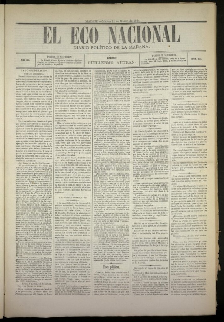 Miniatura de El Eco Nacional de 11 de marzo de 1884, nº 604