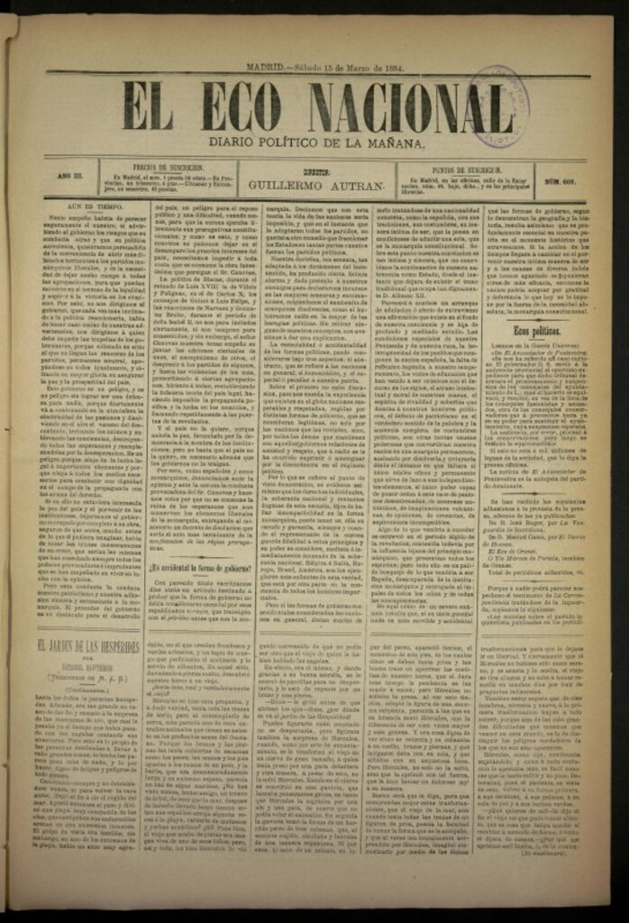 Miniatura de El Eco Nacional de 15 de marzo de 1884, nº 608