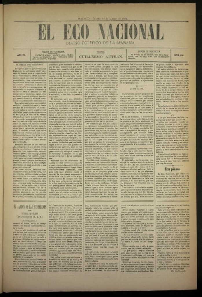 Miniatura de El Eco Nacional de 18 de marzo de 1884, nº 610