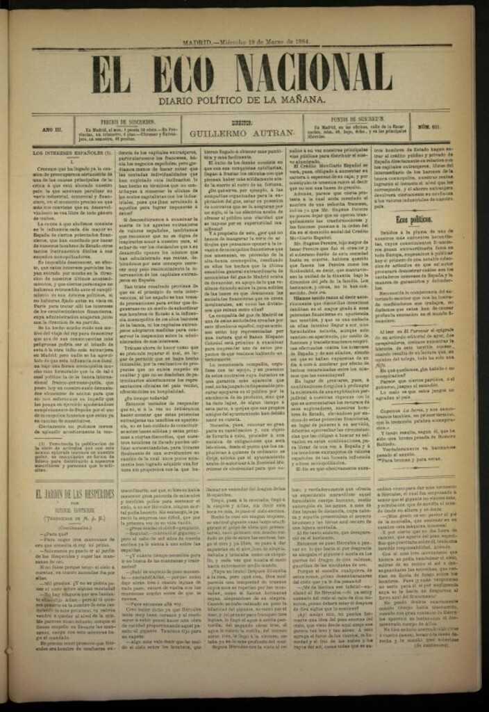 Miniatura de El Eco Nacional de 19 de marzo de 1884, nº 611