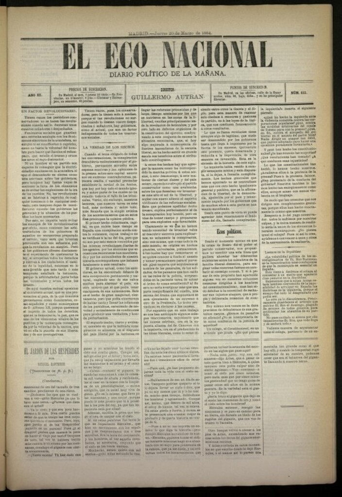 Miniatura de El Eco Nacional de 20 de marzo de 1884, nº 612