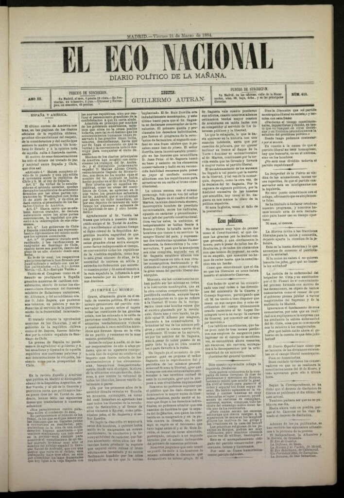 Miniatura de El Eco Nacional de 21 de marzo de 1884, nº 613