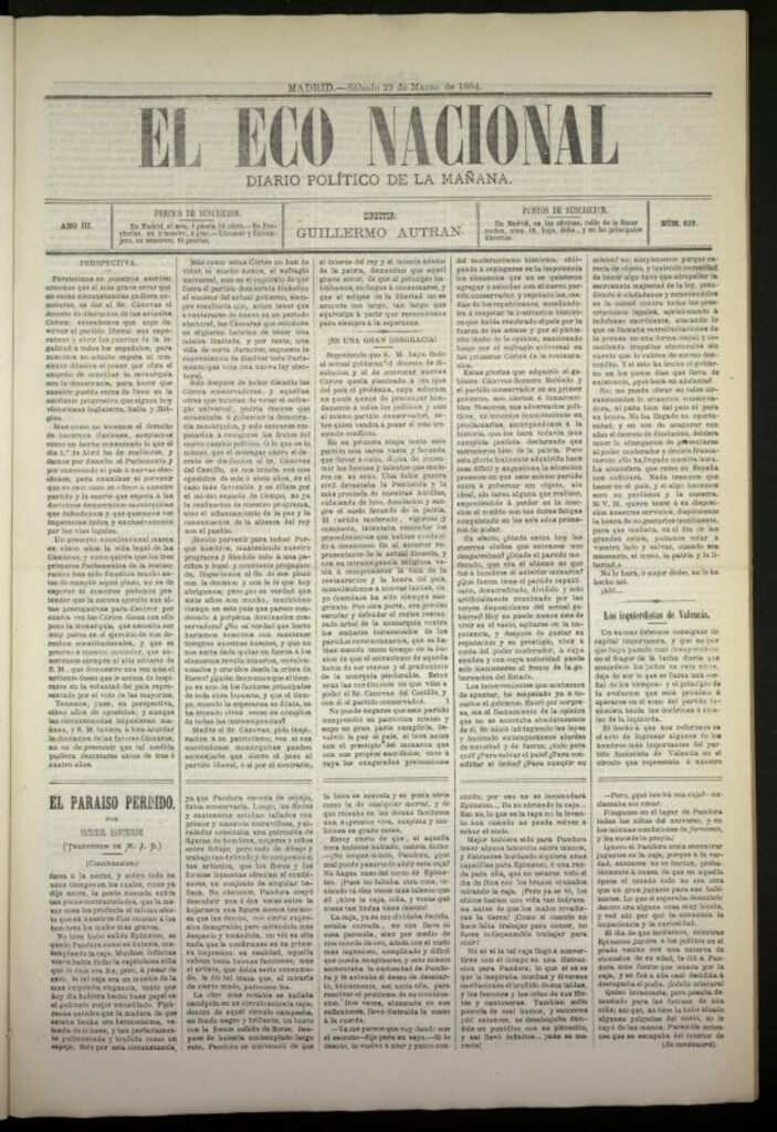Miniatura de El Eco Nacional de 29 de marzo de 1884, nº 619