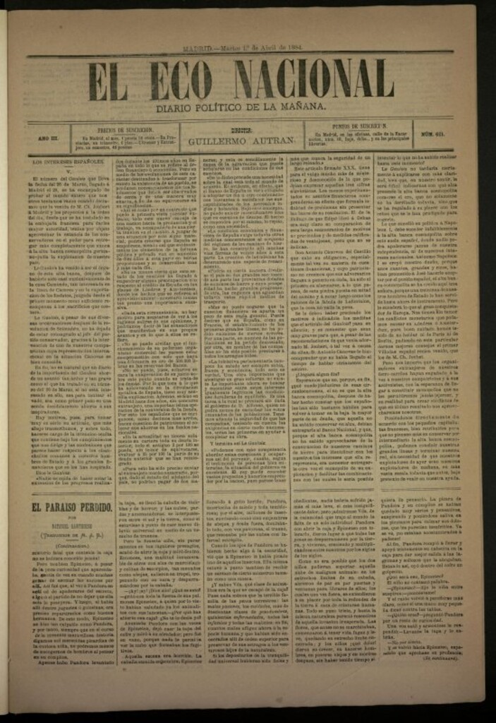 Miniatura de El Eco Nacional de 1 de abril de 1884, nº 621