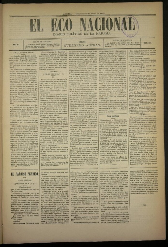 Miniatura de El Eco Nacional de 2 de abril de 1884, nº 622