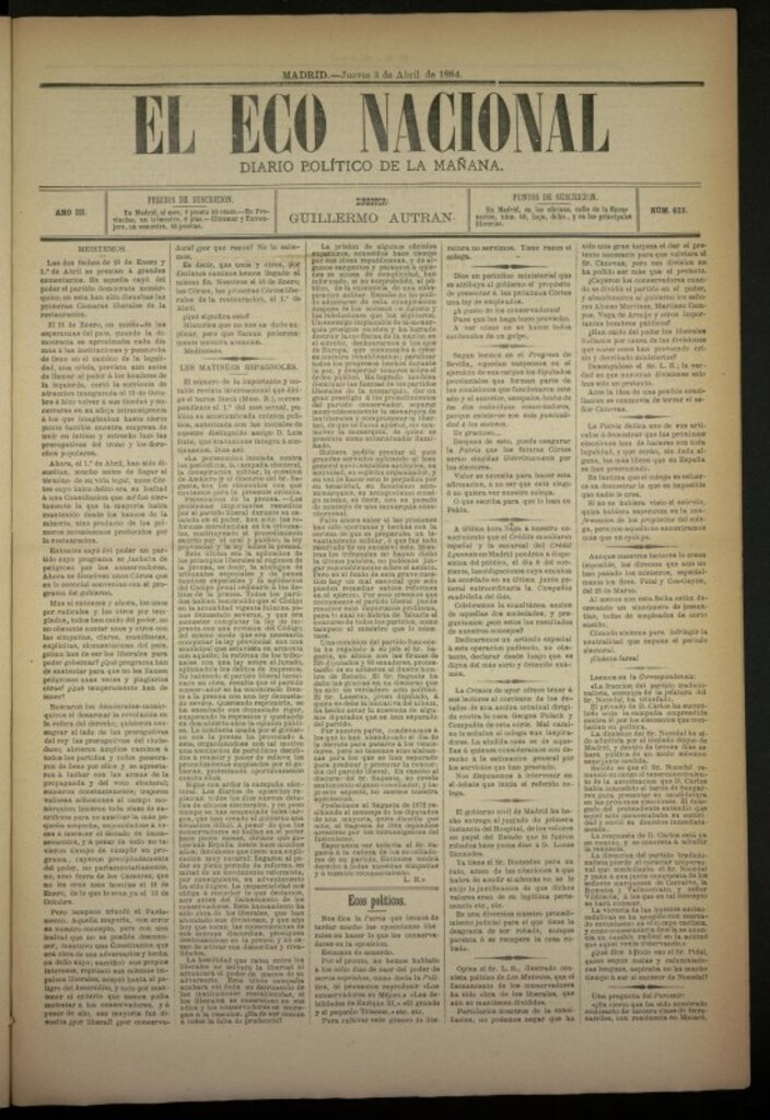 Miniatura de El Eco Nacional de 3 de abril de 1884, nº 623