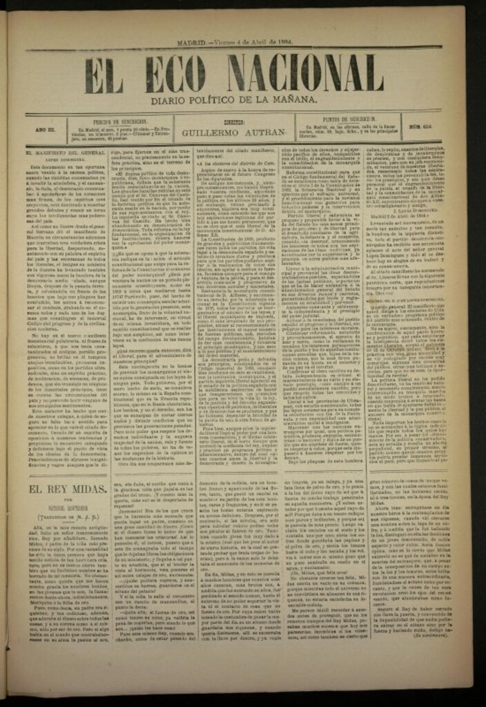 Miniatura de El Eco Nacional de 4 de abril de 1884, nº 624