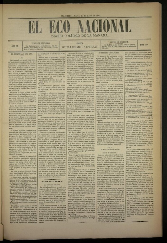 Miniatura de El Eco Nacional de 10 de abril de 1884, nº 629