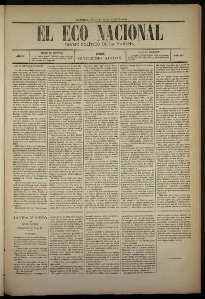 Miniatura de El Eco Nacional de 16 de abril de 1884, nº 633