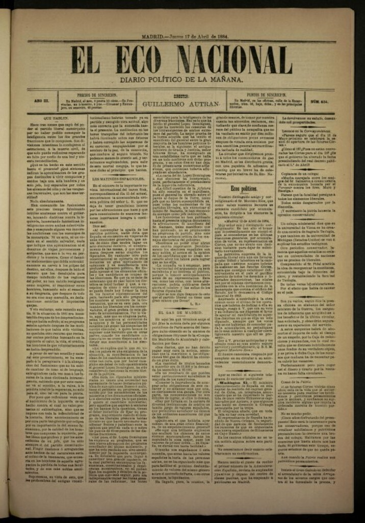 Miniatura de El Eco Nacional de 17 de abril de 1884, nº 634