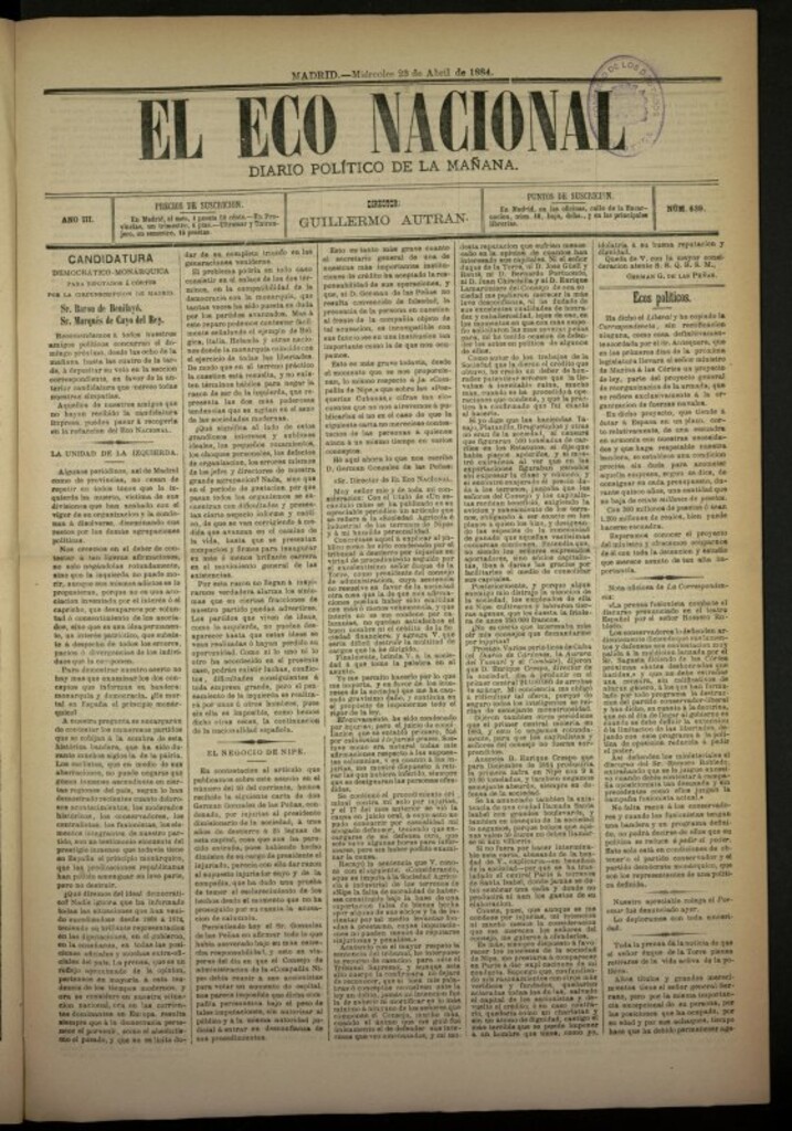 Miniatura de El Eco Nacional de 23 de abril de 1884, nº 639