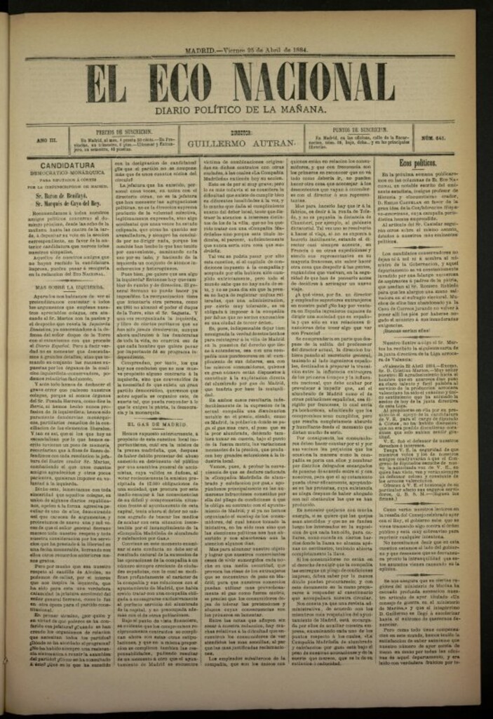Miniatura de El Eco Nacional de 25 de abril de 1884, nº 641