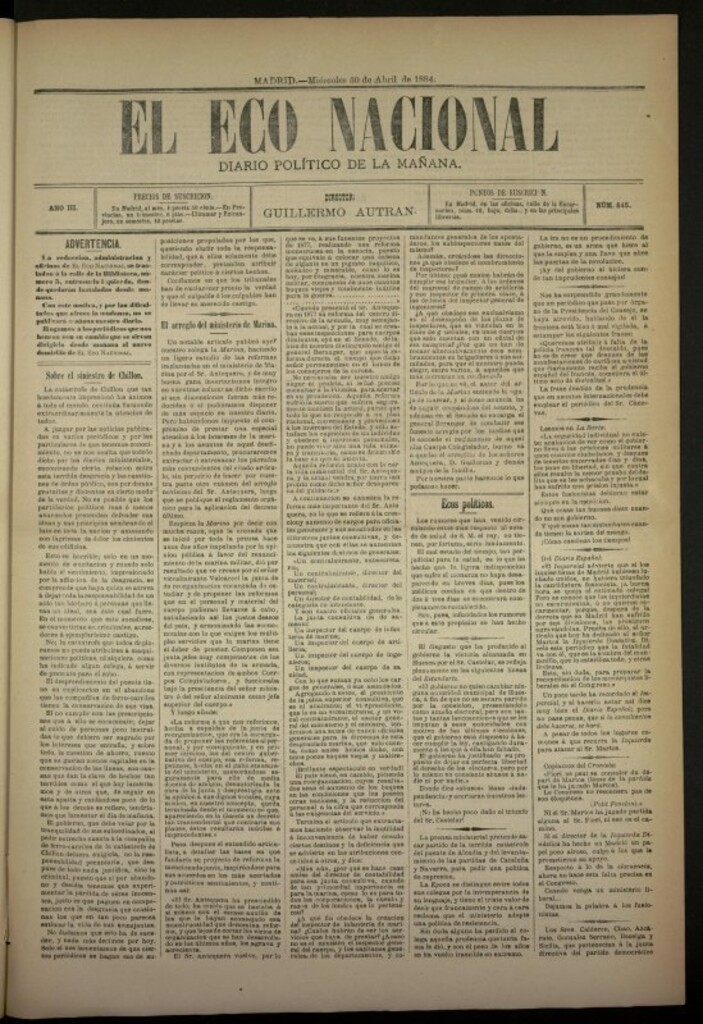 Miniatura de El Eco Nacional de 30 de abril de 1884, nº 645