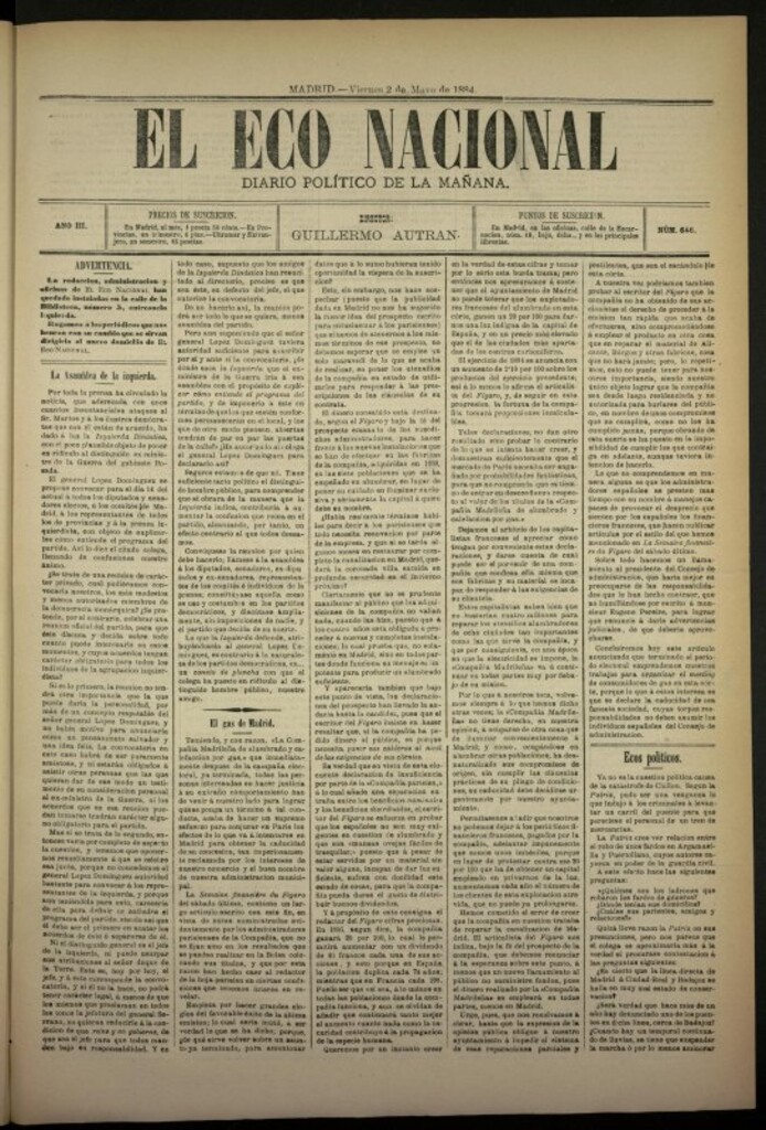 Miniatura de El Eco Nacional de 2 de mayo de 1884, nº 646