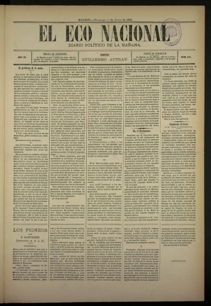 Miniatura de El Eco Nacional de 1 de junio de 1884, nº 665 [sic]