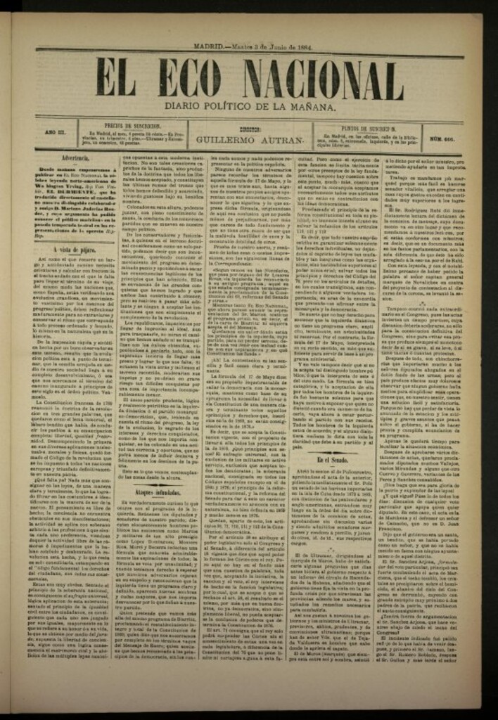 Miniatura de El Eco Nacional de 3 de junio de 1884, nº 666 [sic]