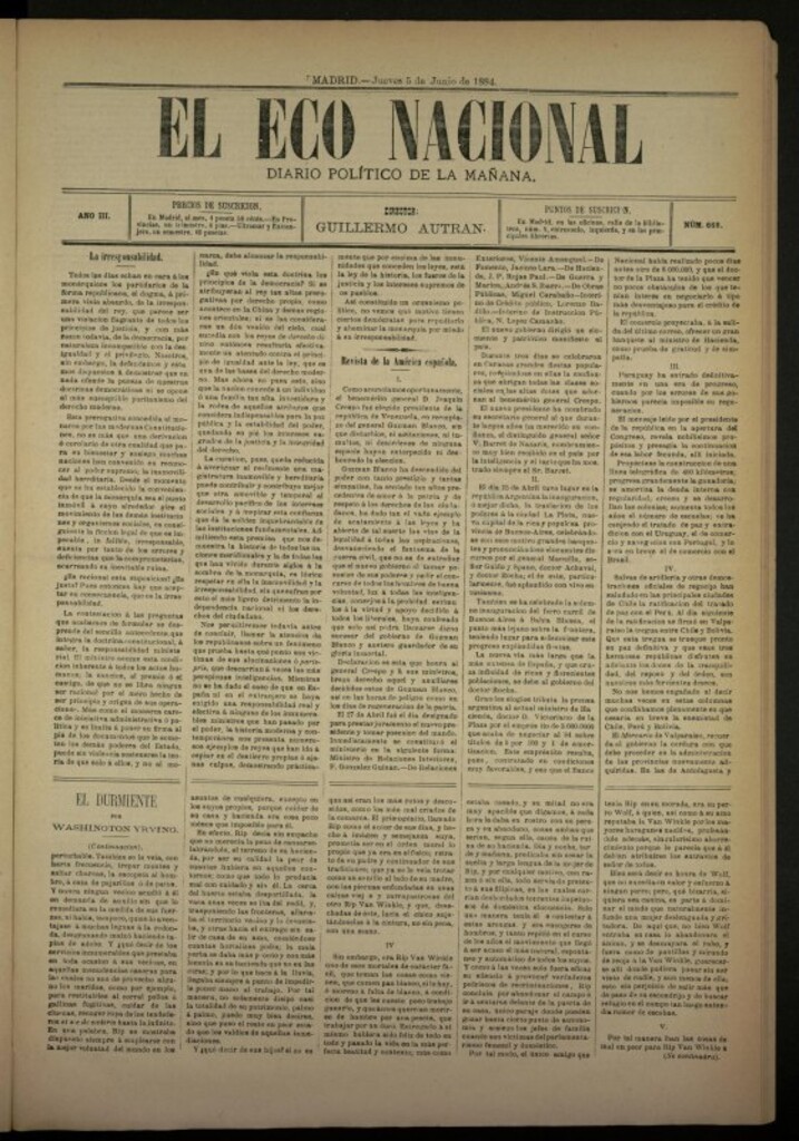 Miniatura de El Eco Nacional de 5 de junio de 1884, nº 668 [sic]