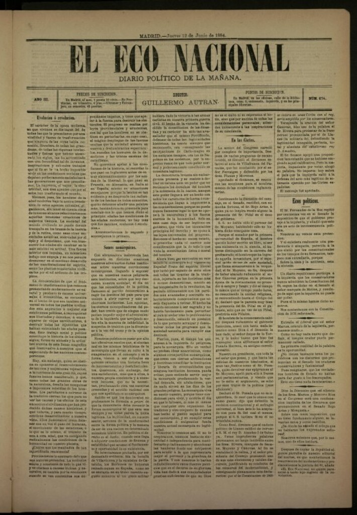 Miniatura de El Eco Nacional de 12 de junio de 1884, nº 674