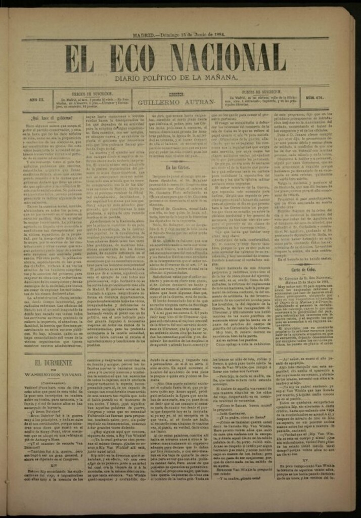 Miniatura de El Eco Nacional de 15 de junio de 1884, nº 676 [sic]