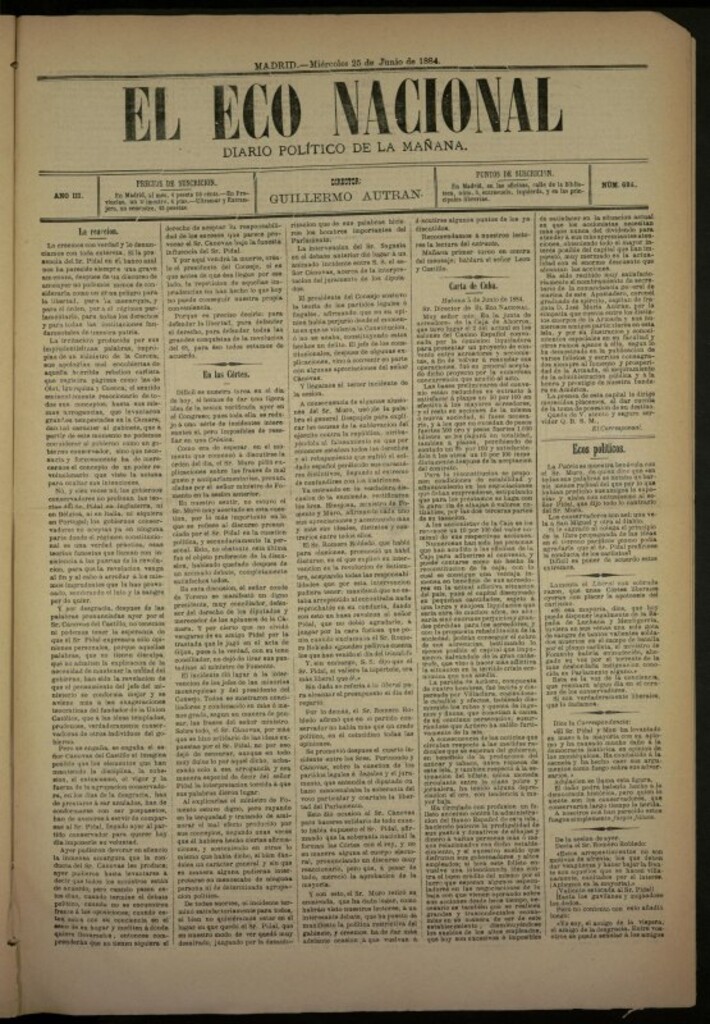Miniatura de El Eco Nacional de 25 de junio de 1884, nº 684