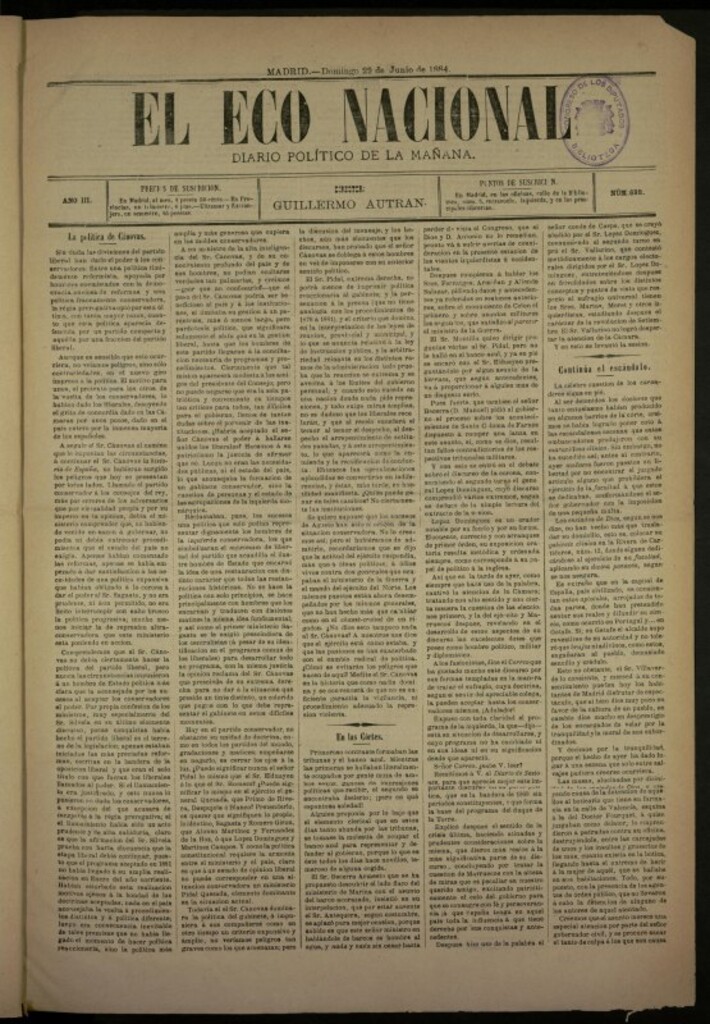 Miniatura de El Eco Nacional de 29 de junio de 1884, nº 688