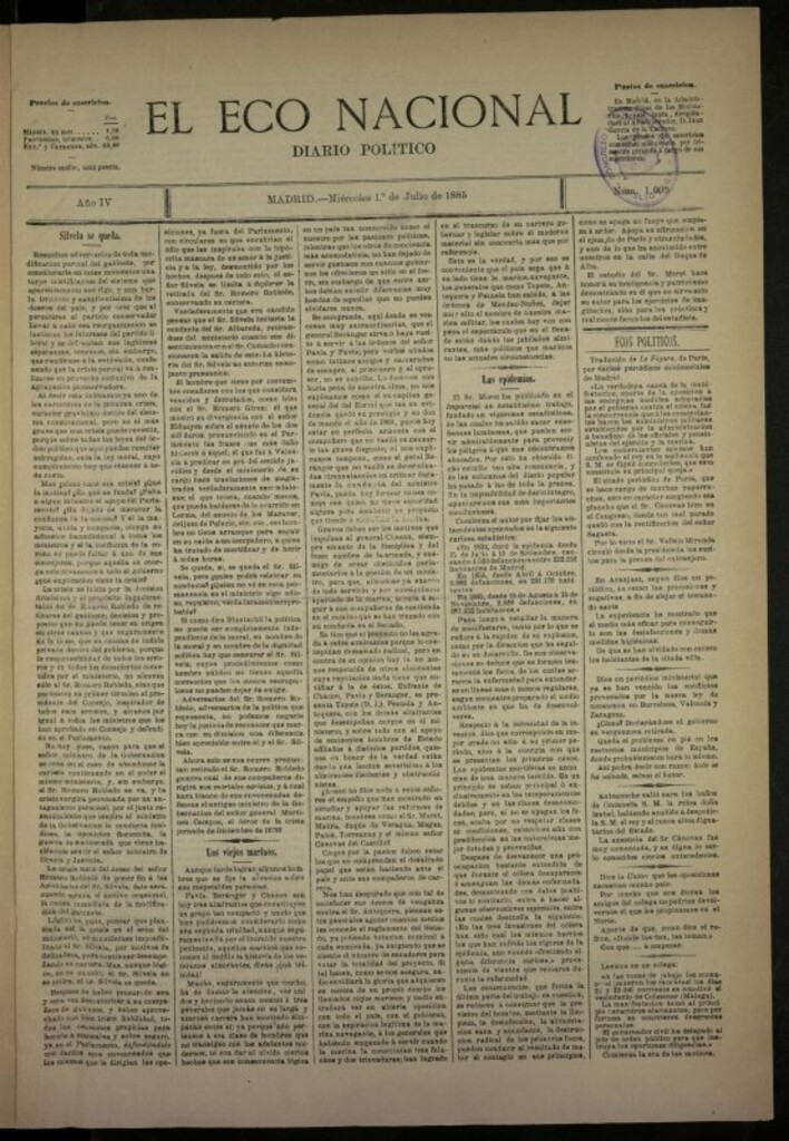 Miniatura de El Eco Nacional de 1 de julio de 1885, nº 1003
