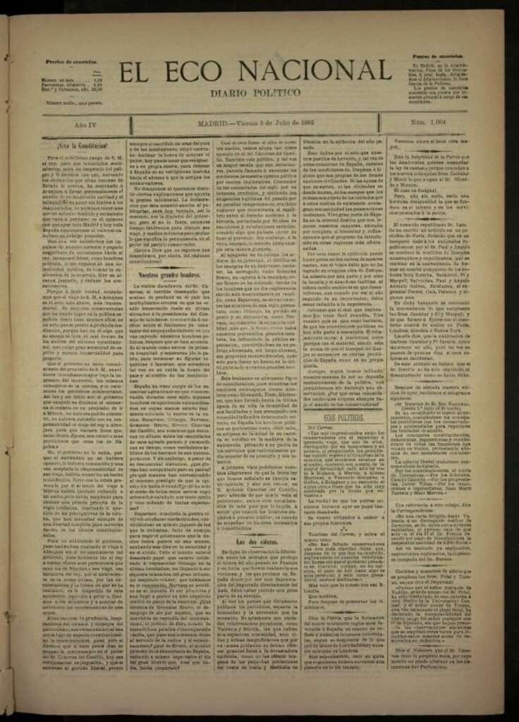 Miniatura de El Eco Nacional de 3 de julio de 1885, nº 1004