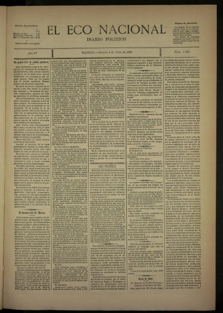 Miniatura de El Eco Nacional de 4 de julio de 1885, nº 1005